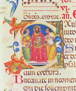Ms. 559 f.155v Geïllustreerde initiaal O met koning David en twee engelen, uit het Psalter van Santa Maria Novella, verlucht door Paolo Soldini (fl.1342-86) 1379 door Italian School