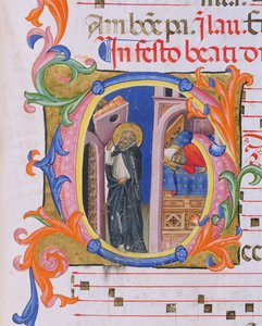 Ms 559 f.298v Geïllustreerde initiaal G die St. Dominic afbeeldt die de Kerk ondersteunt en de Droom van Paus Honorius III (1216-27) uit Psalter H uit San Marco e Cenacoli door Italian School
