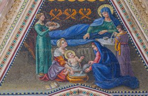 Geboorte van Maria, mozaïek, gevel van zij-ingang, gevel van de kathedraal van Orvieto, Umbrië, Italië door Italian School