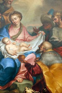 Kerststal. Aanbidding van de wijzen. Fresco. Santa Maria delle Vigne basiliek. Genua. Italië.