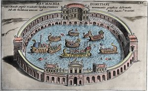 Naumachia, zeeslag in een amfitheater in Rome. door Italian School