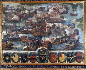 Zeeslag bij Lepanto: schilderij bewaard in het Nationaal Archief, Siena door Italian School
