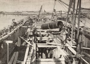 Nieuw aquaduct in Venetië, aanleg van het kanaal in de lagune, Italië, gravure naar tekening van Riera, uit L