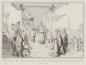 Nicolo Matteo en Marco Polo vertrekken van het hof van Kubilai Khan om terug te keren naar hun vaderland door Italian School