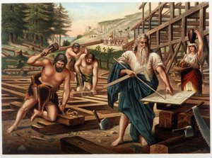 Noach en zijn familie bouwen de ark (Noach kijkt naar het bouwplan) in "Aurea Bibbia classica: storia della rivelazione divina nell