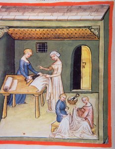 Nova 2644 fol.105v De Kleermakerswinkel: Kleding van Linnen, uit Tacuinum Sanitatis