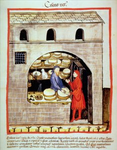 Nova 2644 fol.60v Verkoop van gerijpte kaas, uit Tacuinum Sanitatis door Italian School