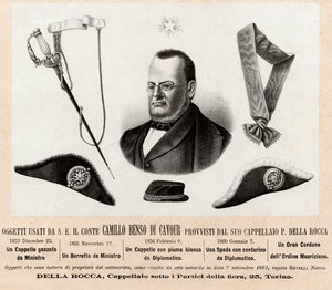 Objecten gebruikt door Camillo Benso graaf van Cavour (1810-1861) - hoeden en insignes van zijn politieke en diplomatieke functies, met het grote koord van de Orde van Sint-Mauritius en Sint-Lazarus (Ordine dei Santi Maurizio e Lazzaro) - Gravure 19e eeuw door Italian School