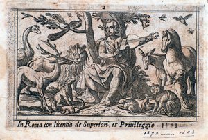 Orpheus spelend tussen dieren. (houtsnede)