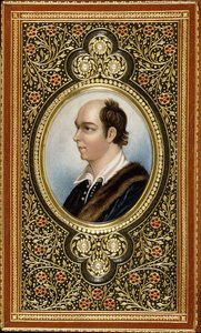 Ovale miniatuurportret van Oliver Goldsmith, omlijst met vergulde klaverbladen bezet met drie parels, 1831 door Italian School