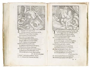Pagina uit "Sonetti Lussuriosi" door Pietro Aretino, geïllustreerd door Giulio Romano en gegraveerd door Marcantonio Raimondi, gepubliceerd Venetië, ca. 1527