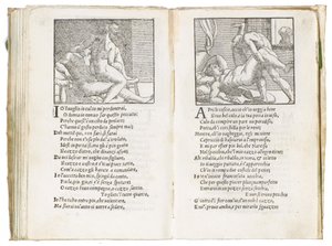 Pagina uit "Sonetti Lussuriosi" door Pietro Aretino, geïllustreerd door Giulio Romano en gegraveerd door Marcantonio Raimondi, gepubliceerd in Venetië, ca. 1527