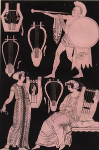 Pijpen, lieren en andere muziekinstrumenten in het oude Griekenland - Oud-Grieks muziekinstrument - gravure uit "Usi e Costumi di Tutti i Popoli dell