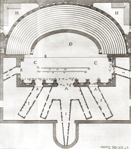 Plattegrond van het Olympisch Theater, Vicenza, ontworpen door Andrea Palladio (1508-80) gebouwd in 1580-85 door Italian School