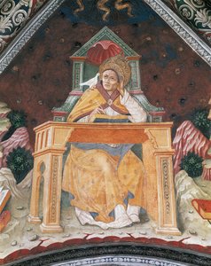 Paus Gregorius I, in de Kapel van Sint Margaretha van Antiochië, gewelf van het Heiligdom van Santa Maria Assunta (fresco) door Italian School