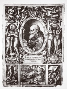 Paus Pius V, met vignetten van de Slag bij Lepanto, uit Vita del Gloriosissimo Papa Pio Quinto, pub. 1586