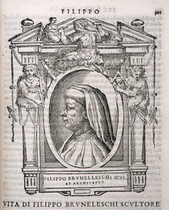 Portret van Filippo Brunelleschi (1377-1446) uit Vasaris Levens van de Kunstenaars, voor het eerst gepubliceerd in 1550