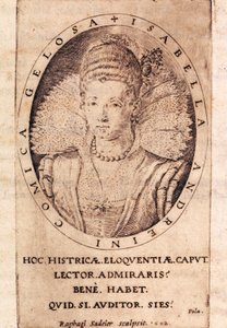 Portret van Italiaanse actrice Andreina Isabella Canali (1562-1604), titelpagina van haar brieven door Italian School