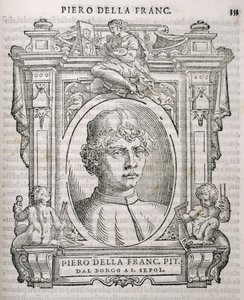 Portret van Piero dell Francesca (1415-92) uit Vasaris Levens van de Kunstenaars, voor het eerst gepubliceerd in 1550