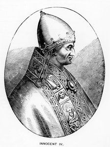 Portret van paus Innocentius IV (overleden 1254) illustratie uit Science and Literature in the Middle Ages and Renaissance, geschreven en gegraveerd door Paul Lacroix, 1878