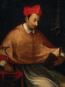 Portret van St. Charles Borromeo (1538-1584), Italiaanse aartsbisschop en kardinaal, schilderij door anoniem, kerk van San Carlo, Arona, Piëmont, Italië