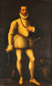 Portret van een heer, volledig, met een geborduurde witte jerkin, een mantel en een zwaard, ca. 1580 door Italian School