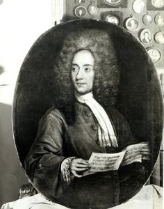Portret van de componist Tomaso Giovanni Albinoni (1671-1751) met een muziekpartituur