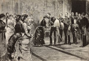 Koningin Margherita en Umberto I ontvangen kroonprins van Duitsland (toekomstige Frederik III) in Quirinale, Rome, Italië, gravure naar tekening van Dante Paolocci, uit L