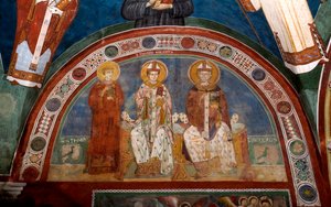 Voorstelling van Sint Stefanus, christelijke martelaar, Sint Thomas Becket (1118-1170), aartsbisschop van Canterbury en Sint Nicolaas van Myra of Bari (270-345) Anonieme fresco (13e eeuw) Lagere kerk. Klooster van Sint Benedetto (Sacro Speco), Subiaco (Rom door Italian School