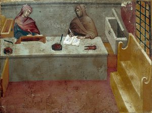 Voorstelling van een camerlinguist, assistent van een kopiist. Anoniem schilderij op hout van een Biccherna (omslag van het boekhoudregister van de stad Siena) 1388. Siena Archivio di Stato, Italië