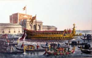 Voorstelling van de Bucentaur. (Bucentoro) Op Hemelvaartsdag stak de Doge de lagune van Venetië over om de monding van de open zee te bereiken aan boord van een schip genaamd de Bucentaur