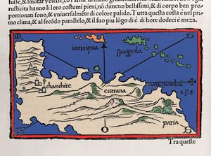 Weergave van de Caribische eilanden en de kusten van Venezuela (Isolario door Benedetto Bordone, Venetië 1547)
