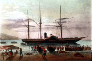 Risorgimento: het vertrek op 8/08/1860 van Giuseppe Missori, officier van het leger van Giuseppe Garibaldi (1807-1882), in de Straat van Messina richting het Fort van Villa San Giovanni. Illustratie uit de 19e eeuw door Italian School