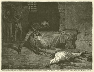 Ruffini sneed opzettelijk een slagader door en schreef met warm bloed op de muur van zijn gevangenis: "Hier is mijn antwoord, mijn wraak aan de broeders" (gravure) door Italian School