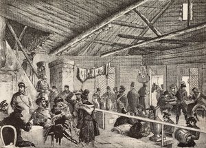 Russische soldaten in taverne nabij de vestingwerken van Warschau, Polen, gravure naar schets van Fritzmann, uit L