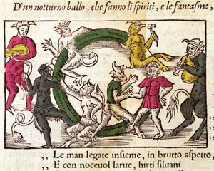 Sabbatceremonie met heksen. Gravure door Olaus Magnus (1490 - 1557), Zweedse religieuze en geograaf, 