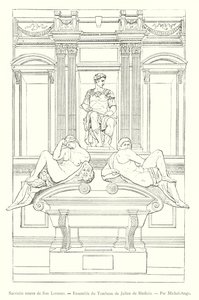 Nieuwe sacristie van San Lorenzo, geheel van het graf van Julien de Medicis, door Michelangelo (gravure)
