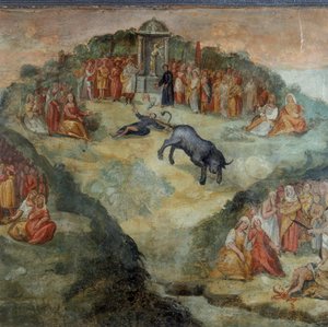 Sint Hippolytus gooit het wierookvat dat hem door Pontifex Battistellus is gegeven om te offeren aan Jupiter (detail)