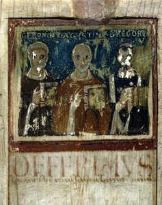 Sint Hiëronymus, Sint Augustinus (354-430), & Sint Gregorius I de Grote (540-604), Detail van het Diptiek van Boece, c.487 door Italian School