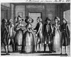 Scène 15 van Acte III van het komische stuk "Il matrimonio per concorso" door Carlo Goldoni (1707-1793). Gravure uit de 18e eeuw. door Italian School
