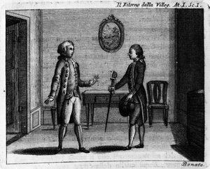 Scène 1 van Acte I van het komische stuk "Ritorno della villeggiatura" (Terugkeer van de stad) (1761) door Carlo Goldoni (1707-1793). Gravure uit de 18e eeuw door Italian School