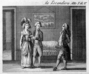 Scène 5 van Acte I van het stuk "La locandiera" (1753) door Carlo Goldoni (1707-1793). Gravure uit de 18e eeuw