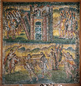 Scènes uit het boek Jozua: De inname van Jericho, De zeven priesters die de Ark van het Verbond dragen (mozaïek) door Italian School