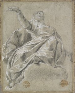 Zittende vrouwelijke figuur op een wolk, omhoog kijkend door Italian School