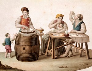 Kleine Napolitaanse handel: een maccheroni-verkoper, naast hem een familie aan tafel die met de handen eet. Aquarel uit de 19e eeuw. Museo Nazionale di San Martino, Napels