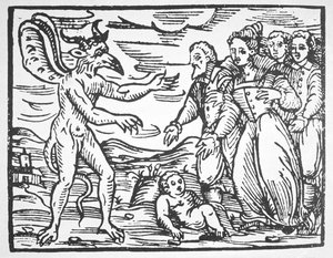 Tovenaars presenteren een kind aan de Duivel, uit Compendium Maleticarum door Fr M Guaccius (1608) geïllustreerd in een geschiedenis van magie gepubliceerd eind 19e eeuw