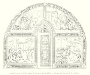 Spinello Aretino, Totila, Koning der Goten, voor San Benedetto, oostkant van de sacristie van San Miniato (gravure)