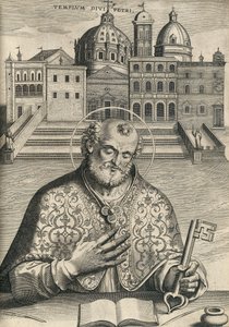 St. Pieter voor de Sint-Pietersbasiliek uit Septem Urbis Ecclesiae Primariae, pub. 1599 door Italian School