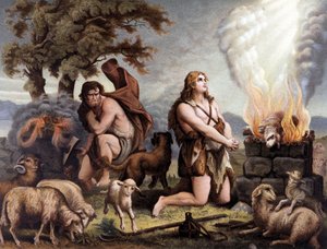 De Aanbidding van het Lam (Kaïn en Abel) - Kaïn en Abel (offeren een schaap) in 