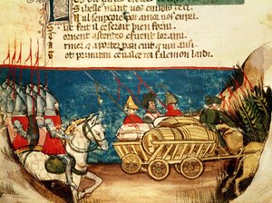 Het leger van Karel de Grote (742-814) en het transport van voorraden, uit een Venetiaans codex